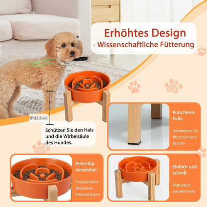 Hundenapf Keramik erhöht - Slow Feeder Orange 17cm