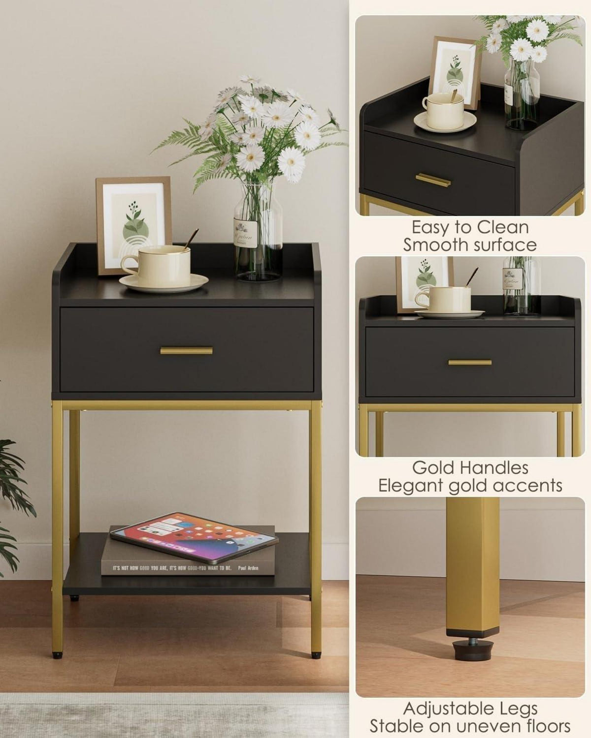 Nachttisch 3-Tier Schwarz Aufbewahrungsschublade Regal Beistelltisch