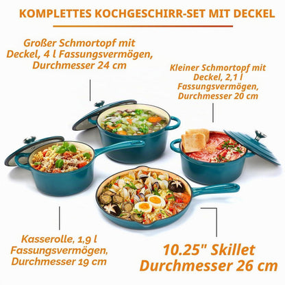 7-teiliges Emaille Gusseisen Kochgeschirr Set mit Dutch Oven
