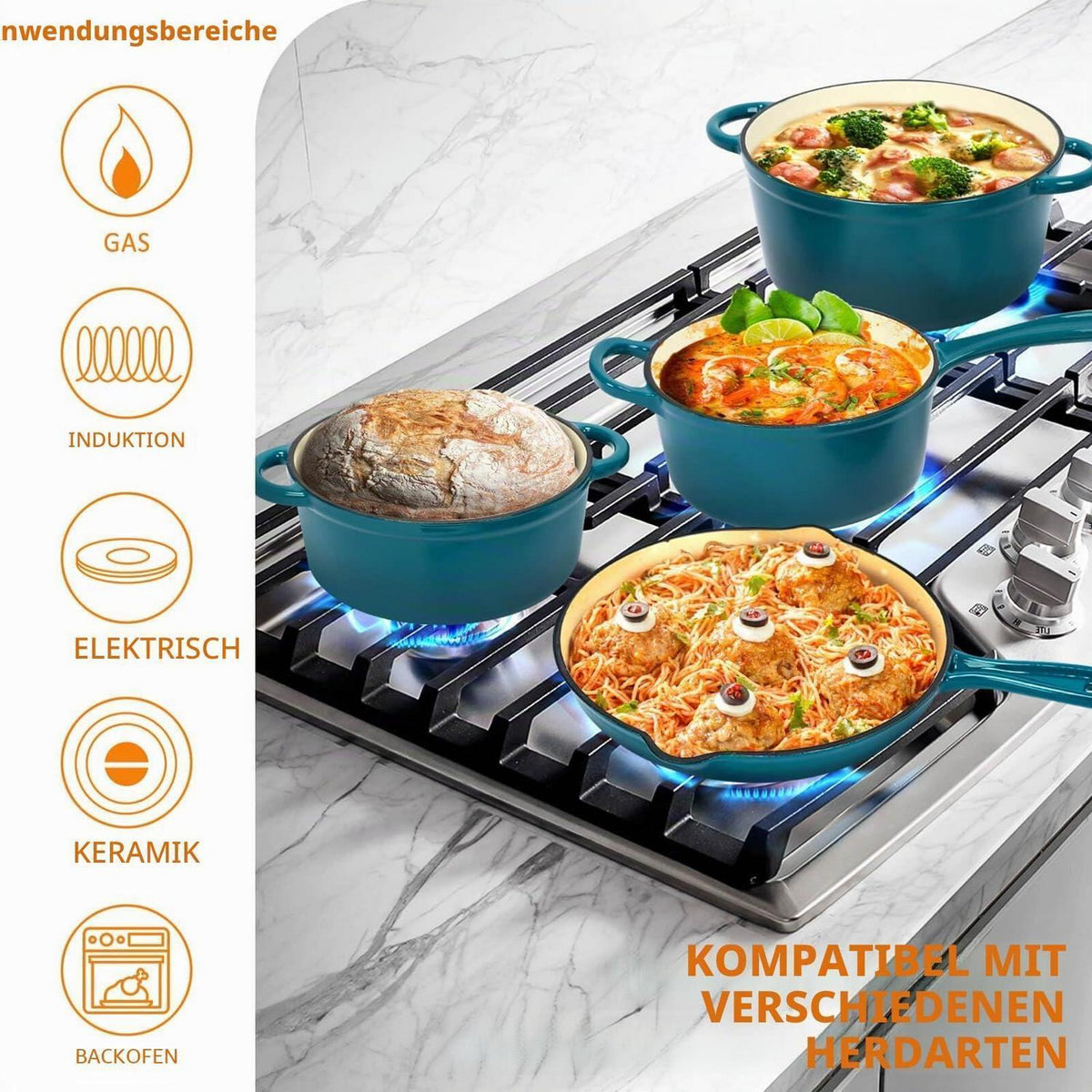 7-teiliges Emaille Gusseisen Kochgeschirr Set mit Dutch Oven