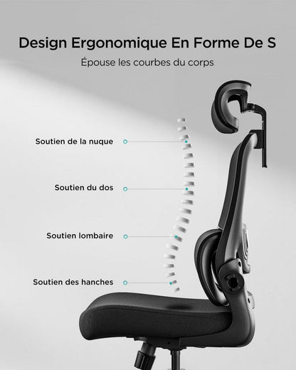 Ergonomischer Bürostuhl mit verstellbarer Lendenstütze, Kopfstütze, klappbaren Armlehnen, drehbar - schwarz