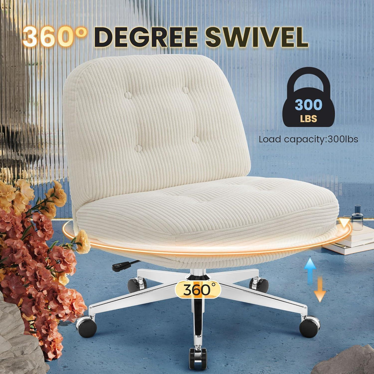 Ergonomischer Bürostuhl ohne Armlehne, Weiß mit Rollen