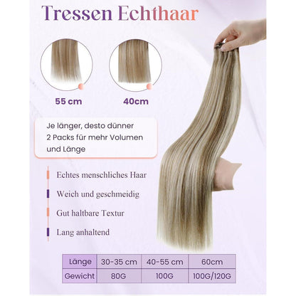 Echthaar Tressen Braun Blond Highlights zum Einnähen 45cm