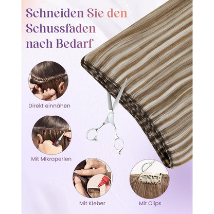 Echthaar Tressen Braun Blond Highlights zum Einnähen 45cm