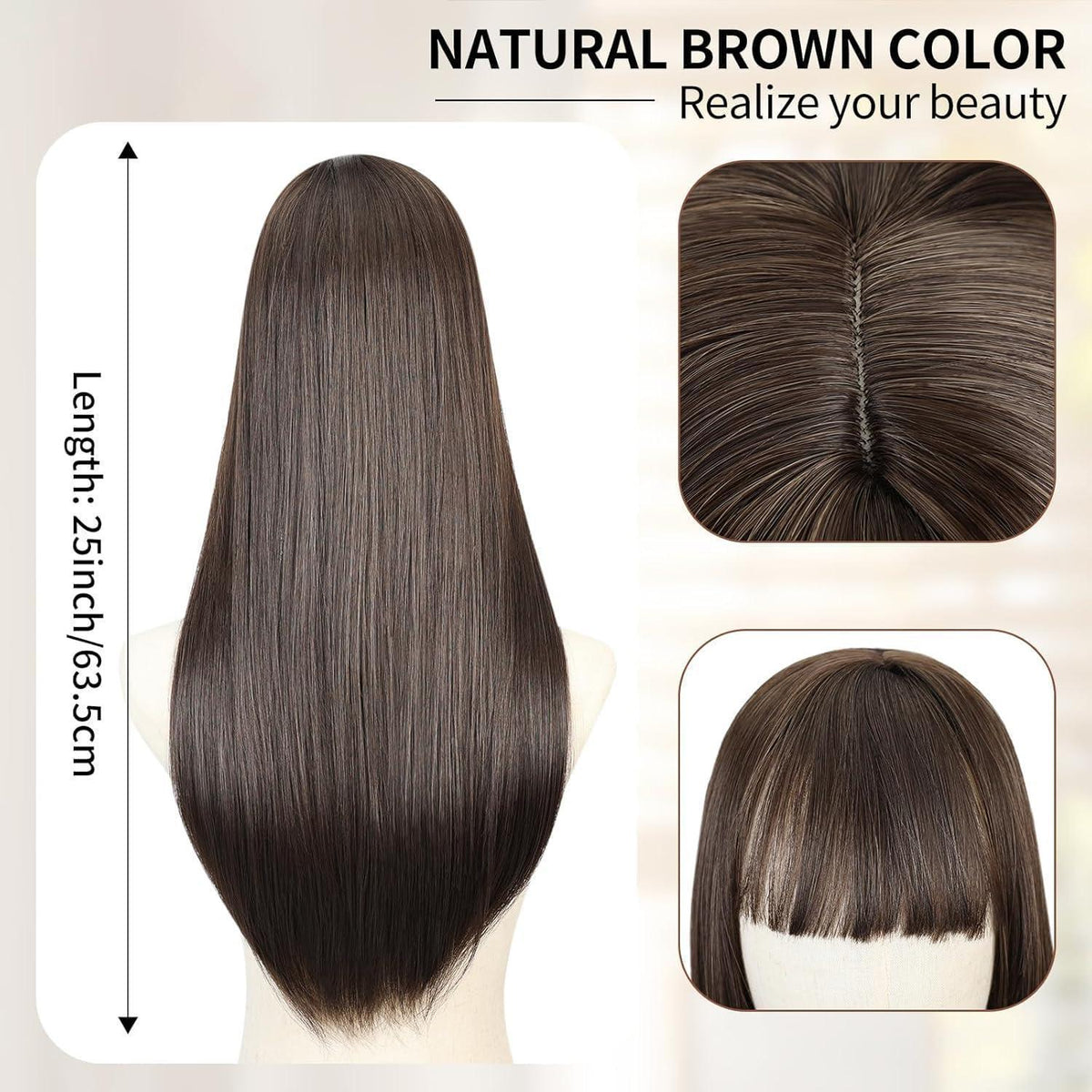 Lange braune Perücke mit Pony – glattes Haar für Damen