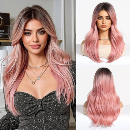 Lange Gerade Perücke Rosa mit Pony – Synthetisch & Verstellbar