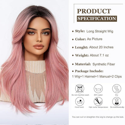 Lange Gerade Perücke Rosa mit Pony – Synthetisch & Verstellbar