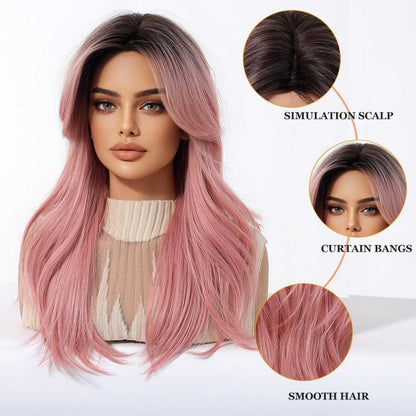 Lange Gerade Perücke Rosa mit Pony – Synthetisch & Verstellbar
