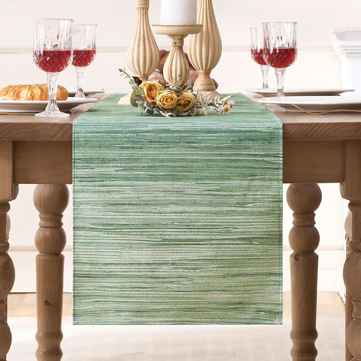 Grüner Tischläufer Leinen Boho 40x140 cm | Modern & Abwaschbar