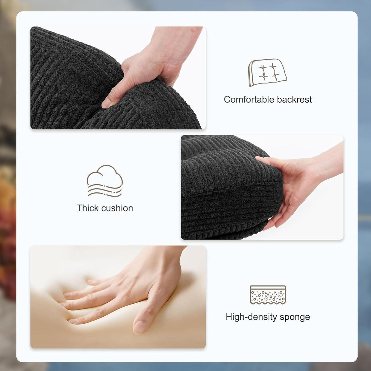 Ergonomischer Bürostuhl ohne Armlehnen, Schneidersitz-Sessel, Kordsamt, Schwarz