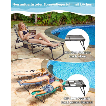 Klappbare Sonnenliege mit Lesefenster und Kopfstütze, Grau/Weiß