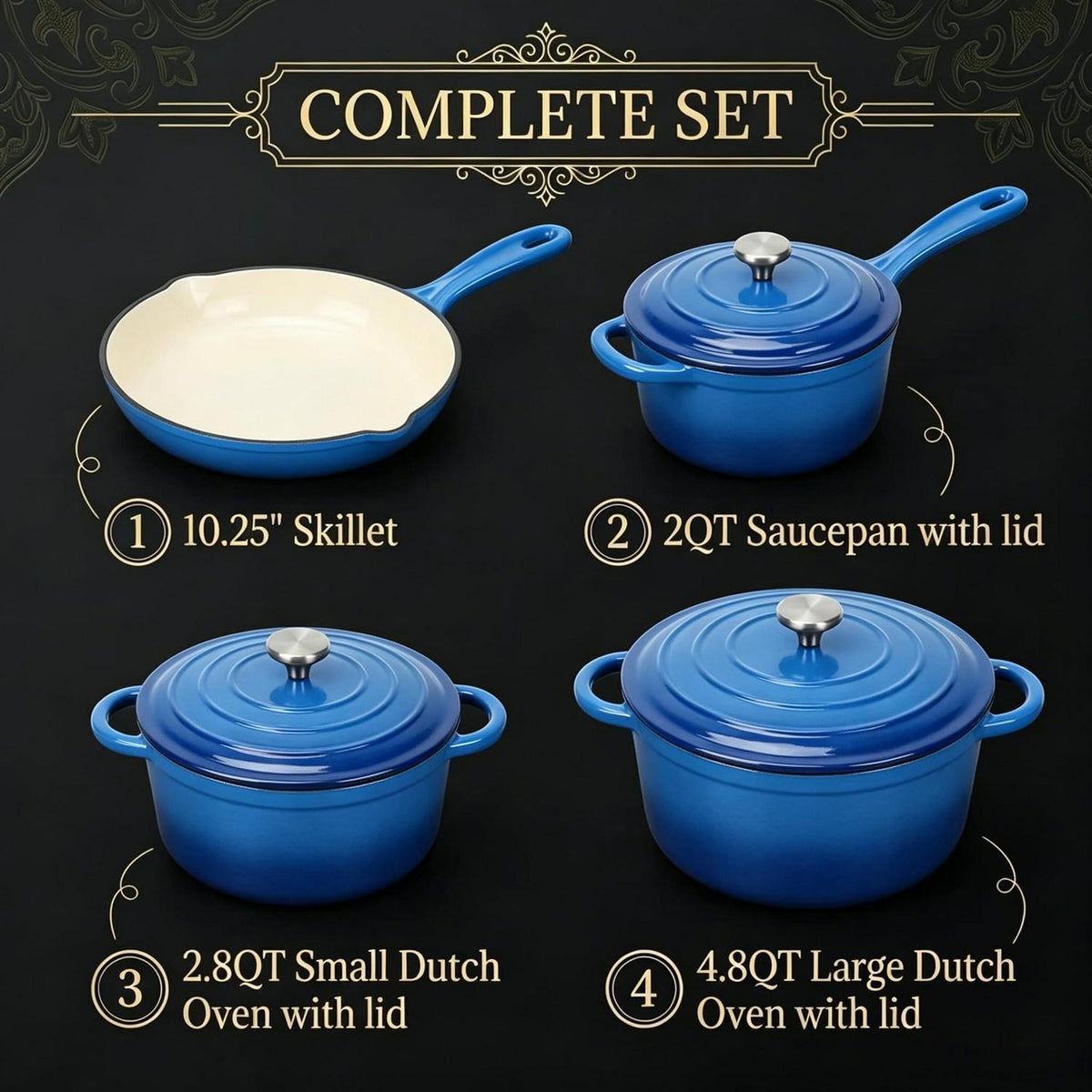 Gusseisen Kochgeschirr Set Blau Emaille 4-teilig