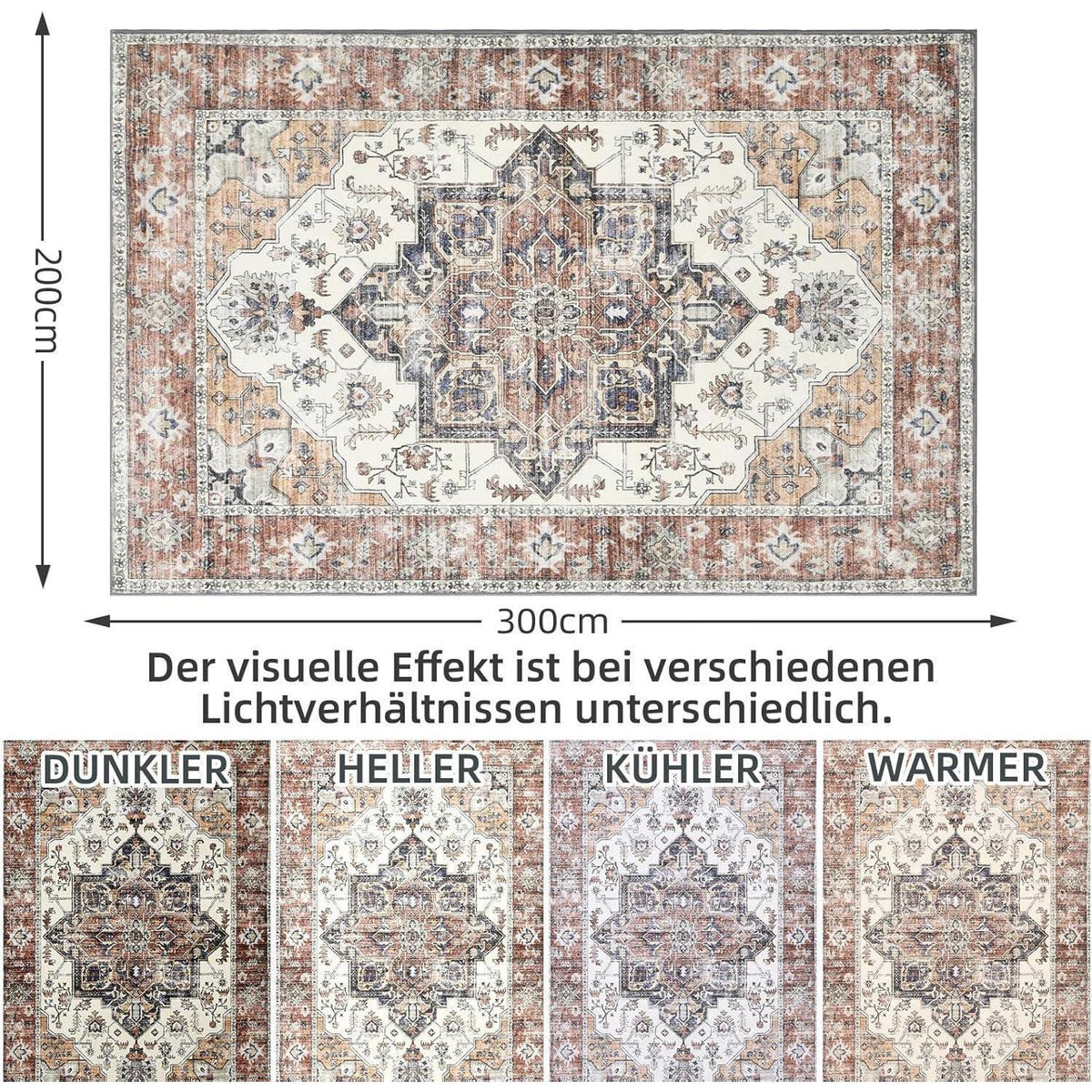 Vintage Teppich 200x300cm – Weicher Kurzflor Wohnzimmerteppich Ziegelrot