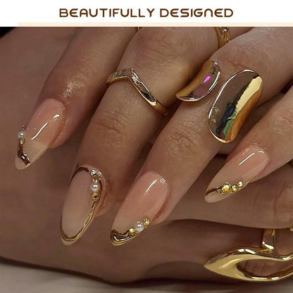 Goldene Französische Spitzen Kunstnägel, 24 Stück Set mit Nagelfeile