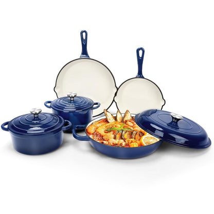 8-teiliges Emaille Gusseisen Kochgeschirr Set – Marineblau