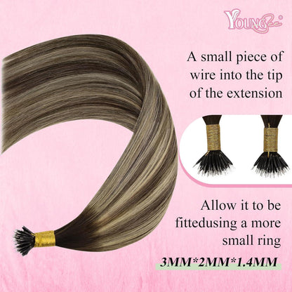 Echthaar Nano Ring Extensions Dunkelbraun Ombre Blond 55cm