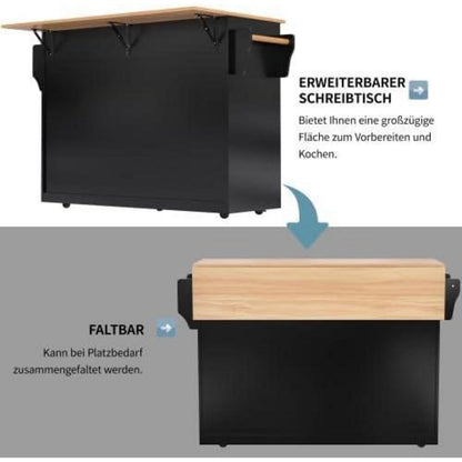 Kücheninsel mit Klappplatte & Rollen – Schwarz
