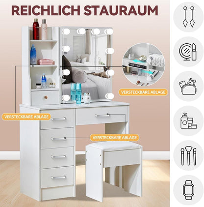 Schminktisch mit LED Beleuchtung und Spiegel, Frisiertisch mit Hocker, 6