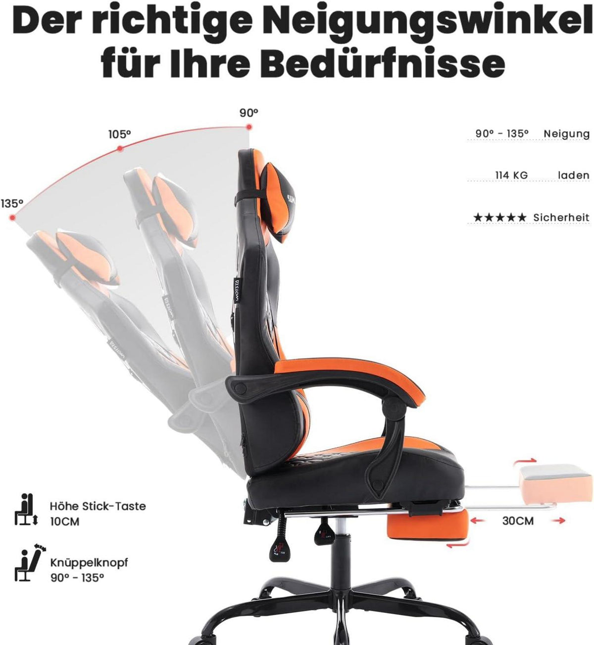Ergonomischer Gaming-Stuhl mit Fußstütze und Kopfstütze - Orange