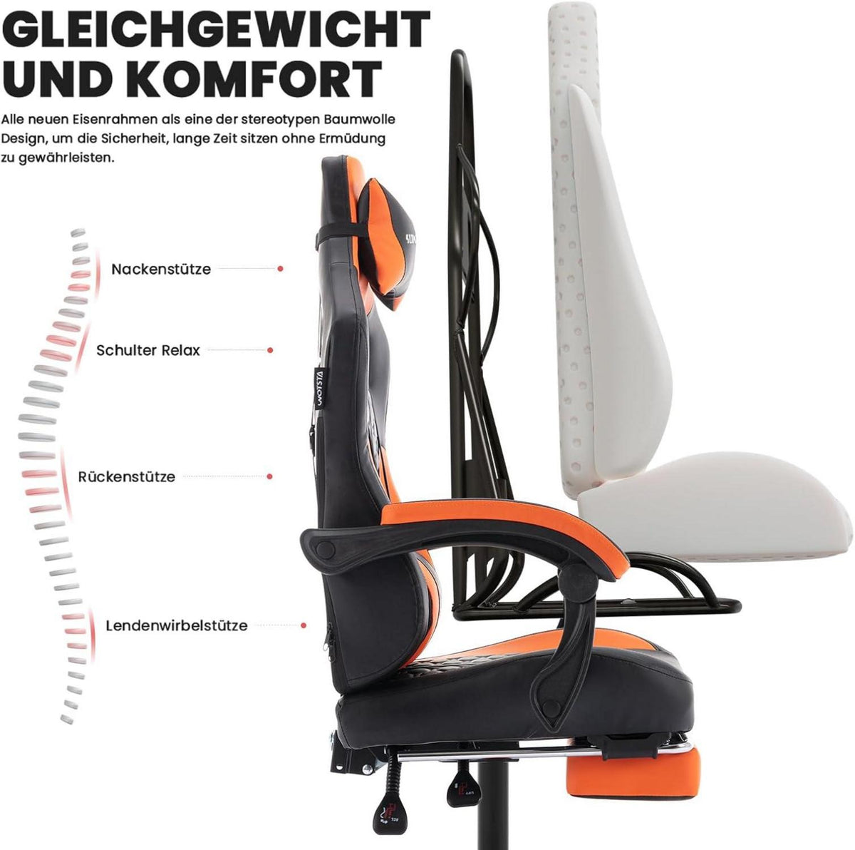Ergonomischer Gaming-Stuhl mit Fußstütze und Kopfstütze - Orange