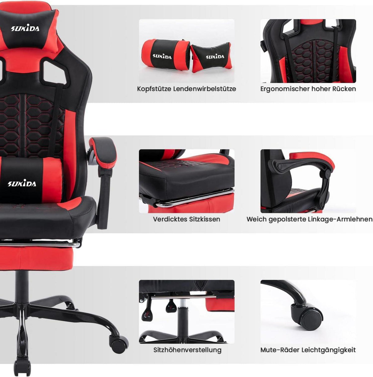 SUKIDA Gaming-Stuhl mit Fußstütze und Kopfstütze, Höhenverstellbar, Lendenwirbelstütze - Rot