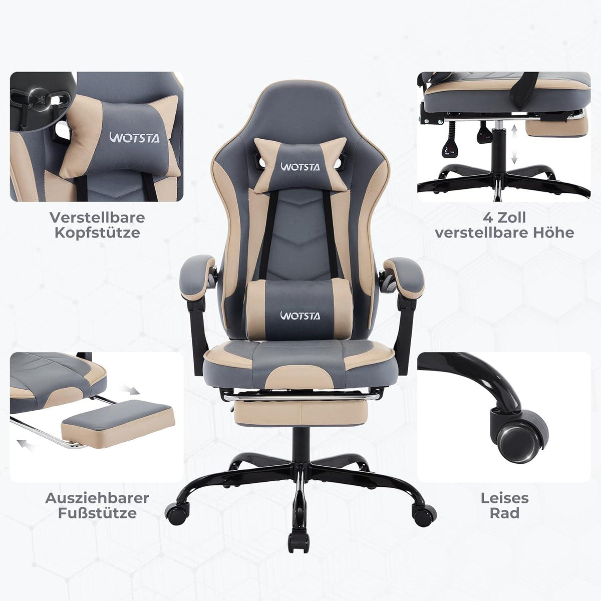 Ergonomischer Gaming Stuhl mit Fußstütze und Lendenwirbelstütze BlauBeige
