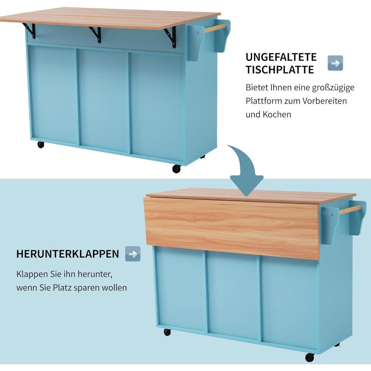 Freistehende Kücheninsel mit Klappplatte & Rollen (Blau)