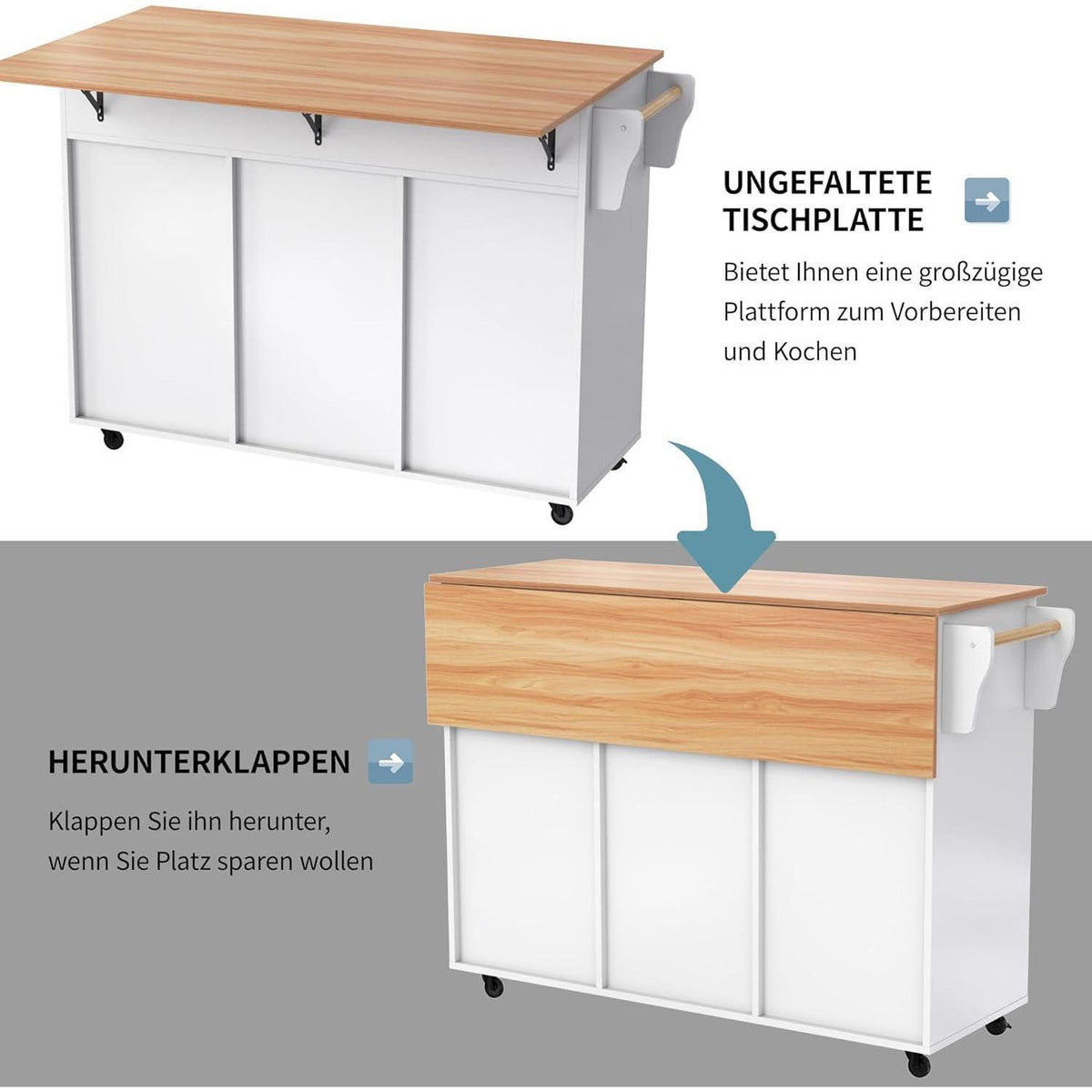 Freistehende Kücheninsel mit Klappplatte & Schubladen (Weiß)