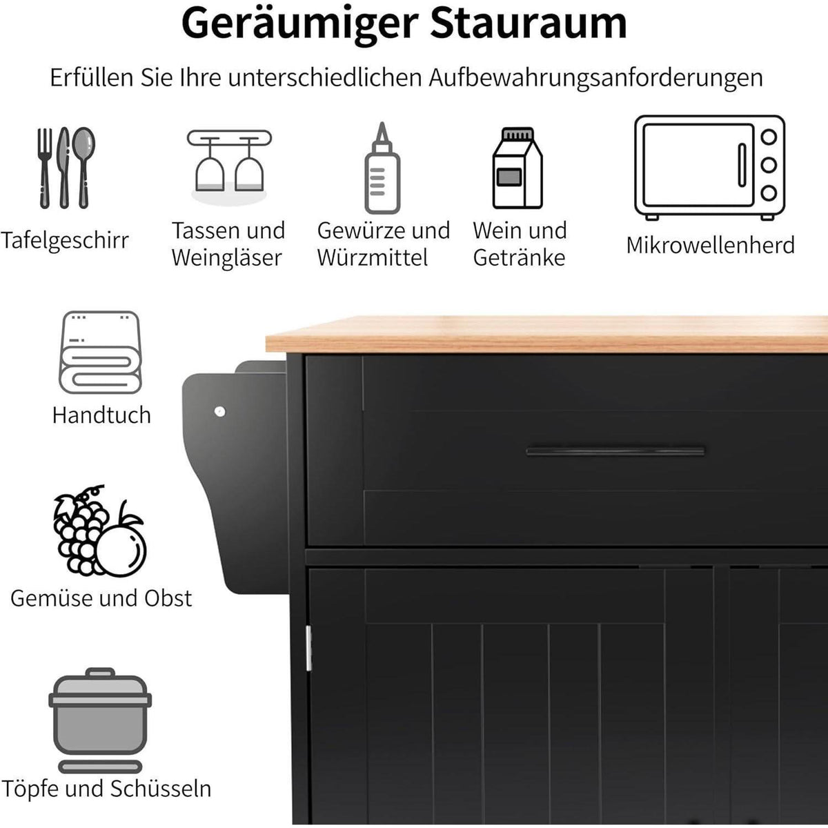 Freistehende Kücheninsel mit Klappplatte & Rollen – Schwarz