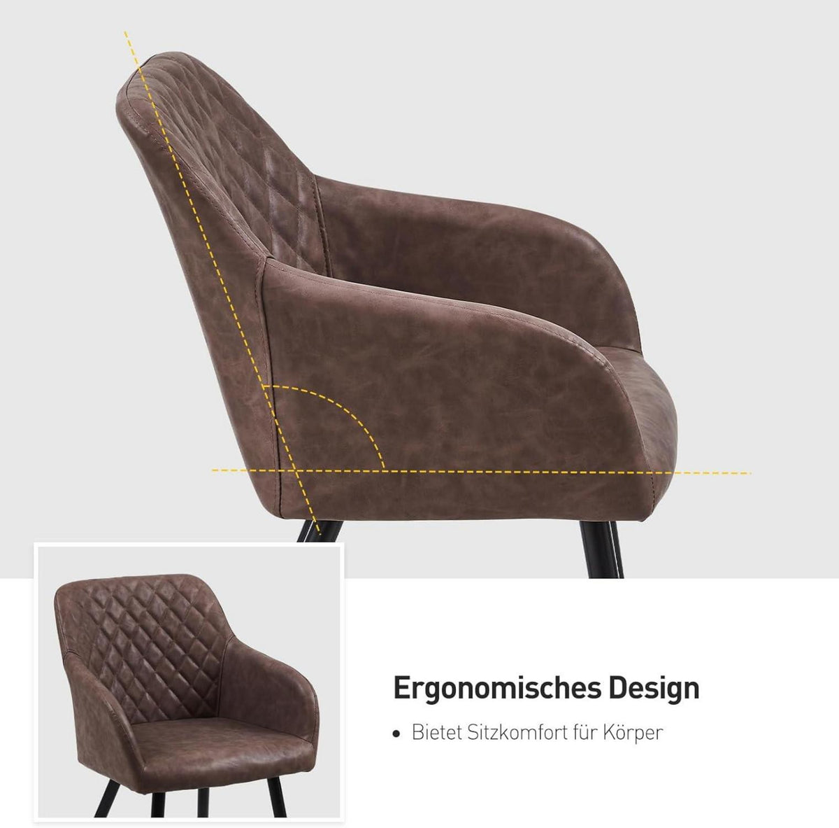 Moderne CLIPOP Esszimmerstuhl Kunstleder Schokoladenbraun Armlehne Metallbeine