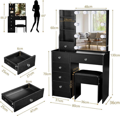 Schminktisch LED-Beleuchtung Hocker Schwarz 80x36x130cm