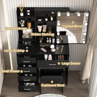 Schwarzer Schminktisch mit LED-Spiegel, Hocker & Stauraum