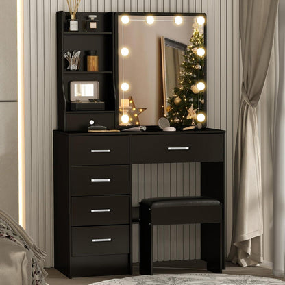 Schminktisch mit Beleuchtung und Hocker, Schwarzer Frisiertisch mit Spiegel 6 Schubladen 3 Lichtfarben 80x36x130 CM