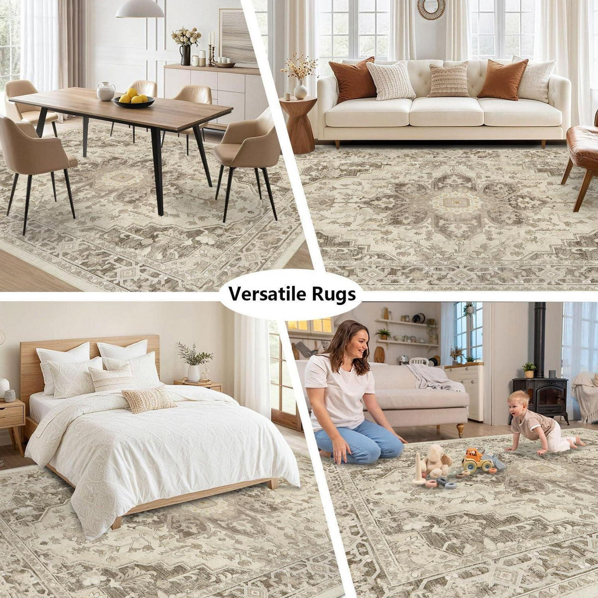 Vintage Boho Teppich 160x230cm – Waschbarer Wohnzimmerteppich Taupe