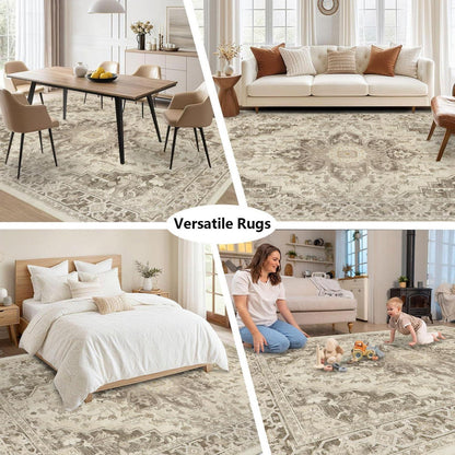 Vintage Boho Teppich 160x230cm – Waschbarer Wohnzimmerteppich Taupe