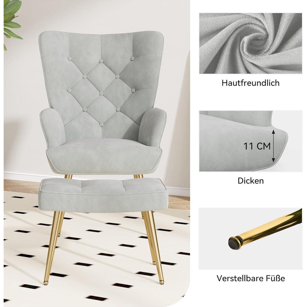 Loungesessel mit Hocker, Samt Grau – Modernes Wohnzimmer Sofa