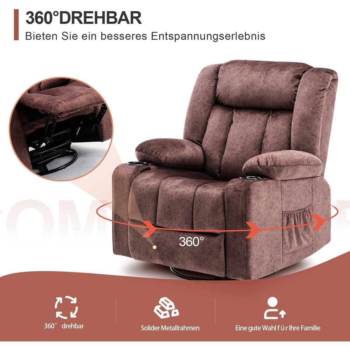 Drehbarer Relaxsessel mit Fußstütze & Getränkehalter – Braun