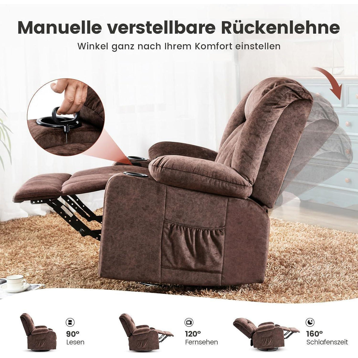 Drehbarer Relaxsessel mit Fußstütze & Getränkehalter – Braun