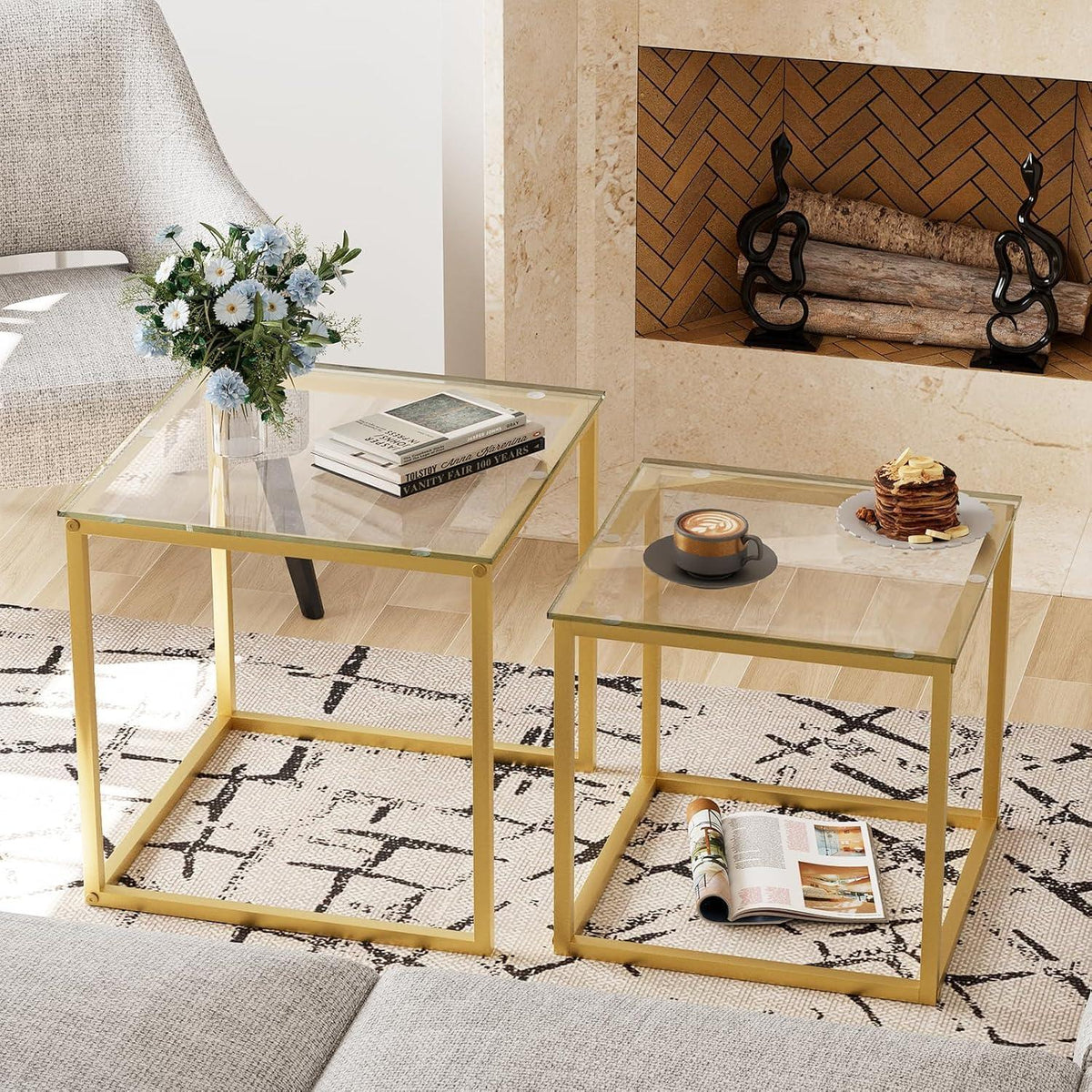 Quadratische Wohnzimmertische Set Glas/Stahl Gold 50/45 cm
