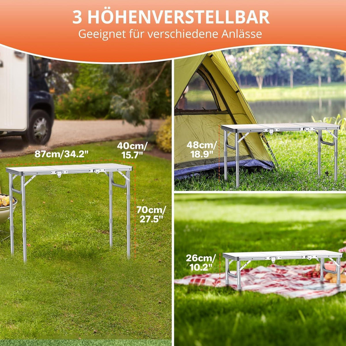 Klapptisch Aluminium 87x40cm mit 3 Höhen, Picknicktisch Outdoor Weiß/Silber