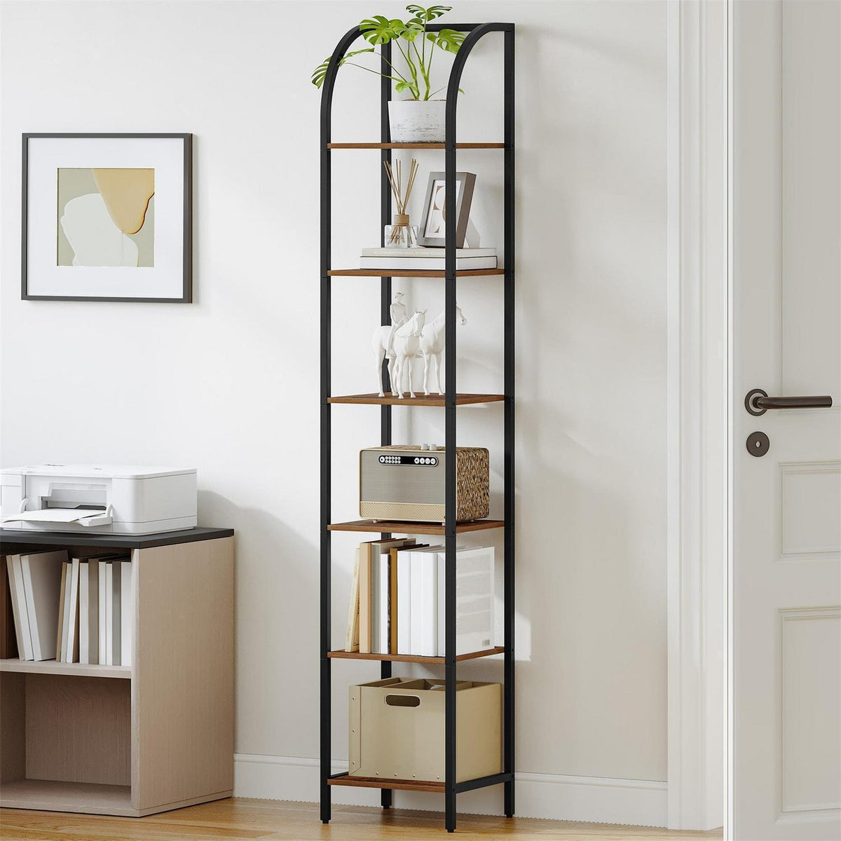 Schmales Bücherregal 6 Ebenen, Braun-Schwarz, Industriestil