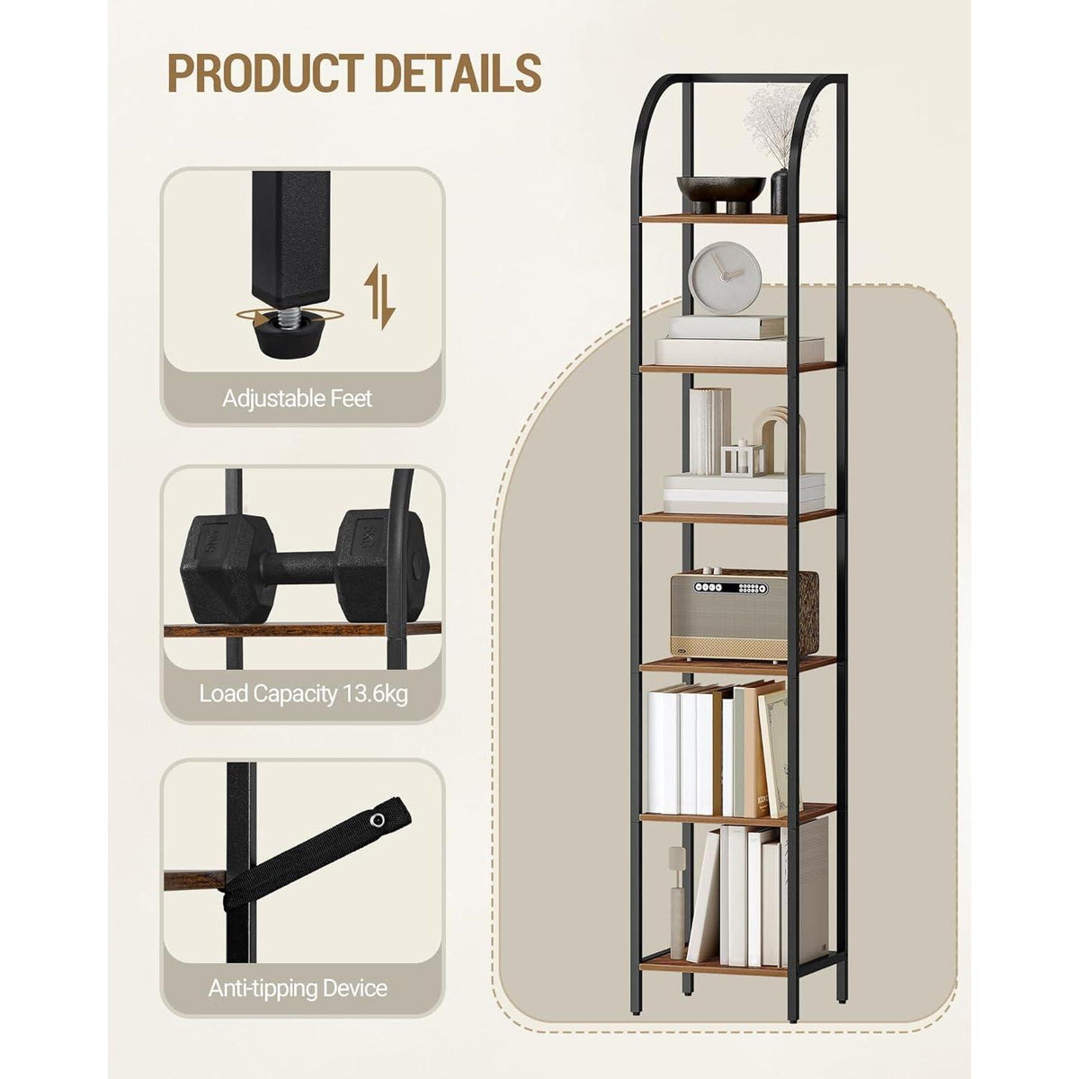 Schmales Bücherregal 6 Ebenen, Braun-Schwarz, Industriestil