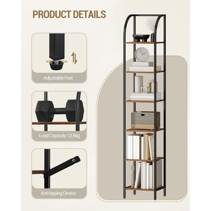 Schmales Bücherregal 6 Ebenen, Braun-Schwarz, Industriestil