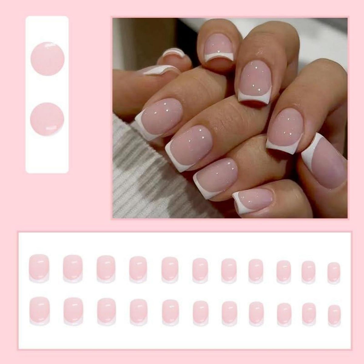 24 Stück Pink Weiße Eckige Press On Nägel Glossy Kunstnägel