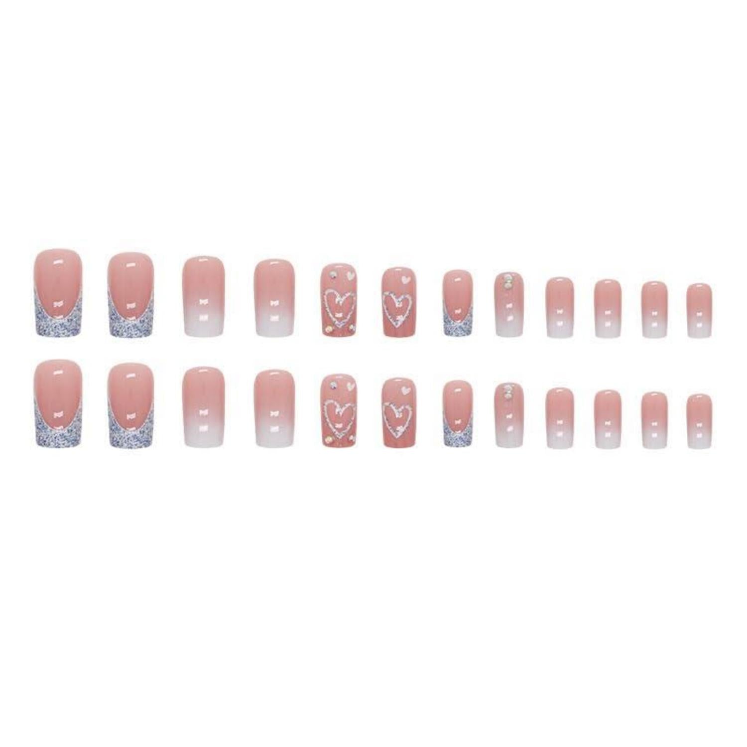 24 Stück Glitter Nägel Weiß Pink Sarg Herz Muster Fake Nails