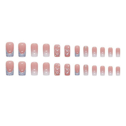 24 Stück Glitter Nägel Weiß Pink Sarg Herz Muster Fake Nails