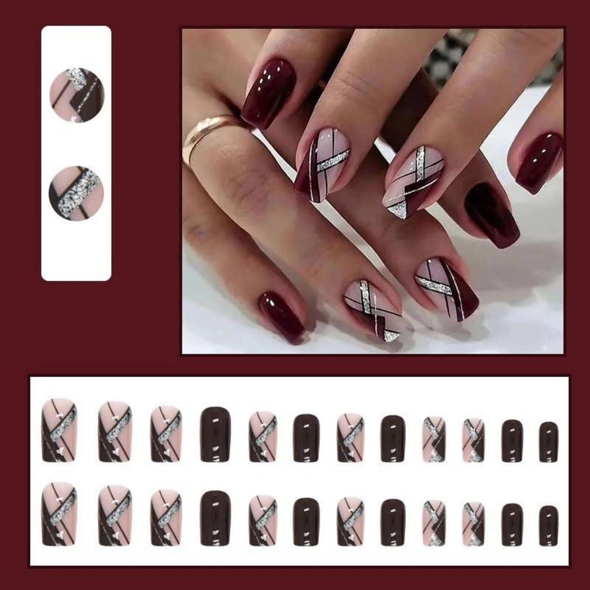 24er Pack Burgundy Silber Glitzer Nägel - Kurz Eckig French Mittel