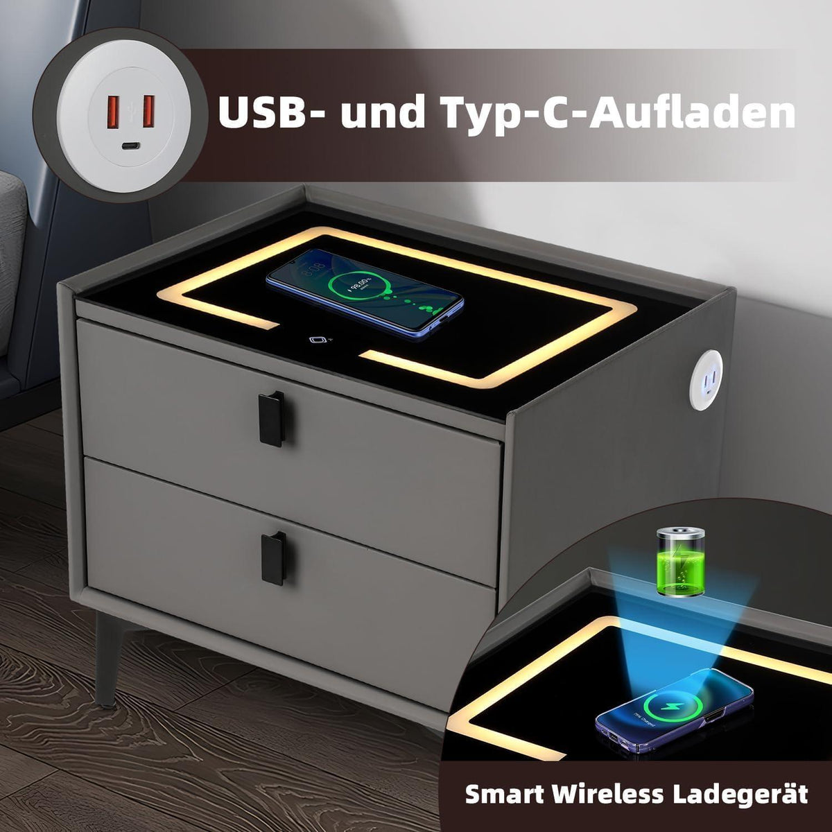 Nachttisch Schwarz LED Licht Kabelloses Laden 2 Schubladen Bettschrank