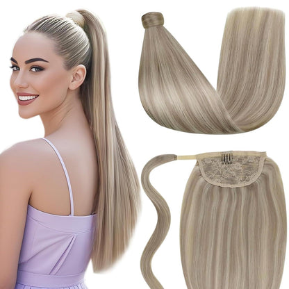 Echthaar Pferdeschwanz Zopfverlängerung Blond Highlights 45cm