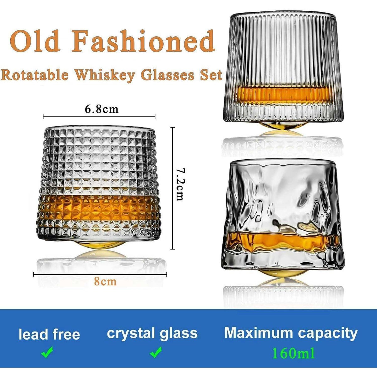 Kristall Whiskygläser 2er Set 160ml drehbar, bleifrei